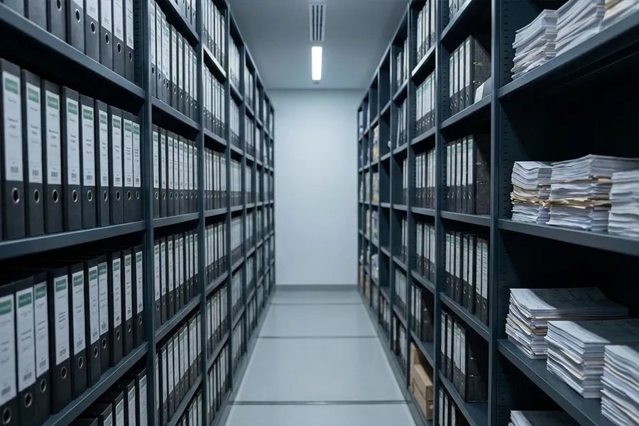 Curved wooden shelves filled with archived books and records