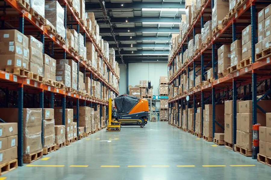 A long warehouse aisle lined with yellow storage bins