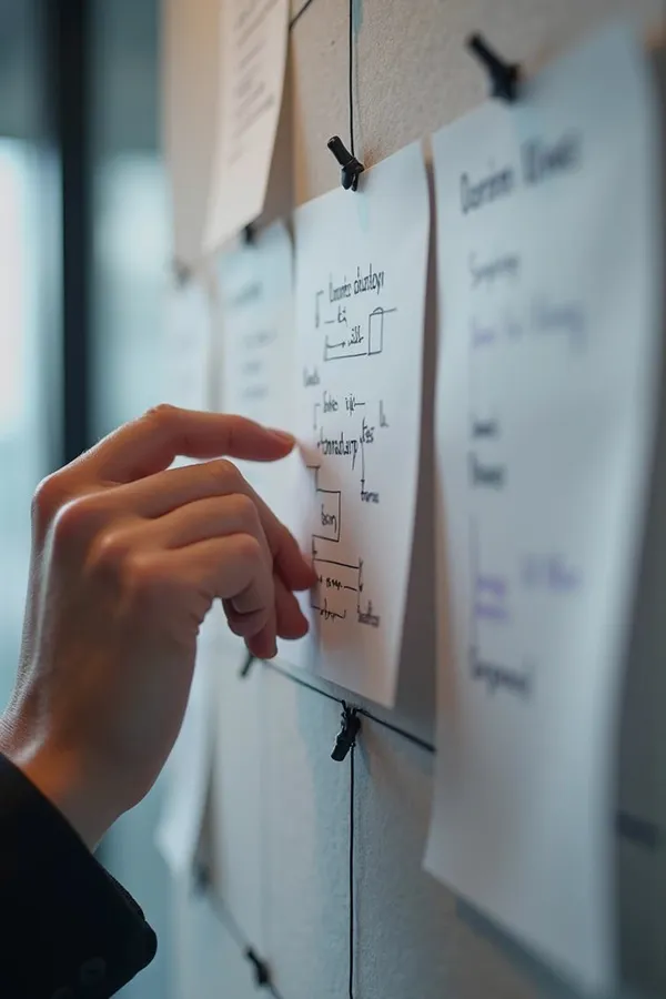 A hand arranging process cards on a workflow board