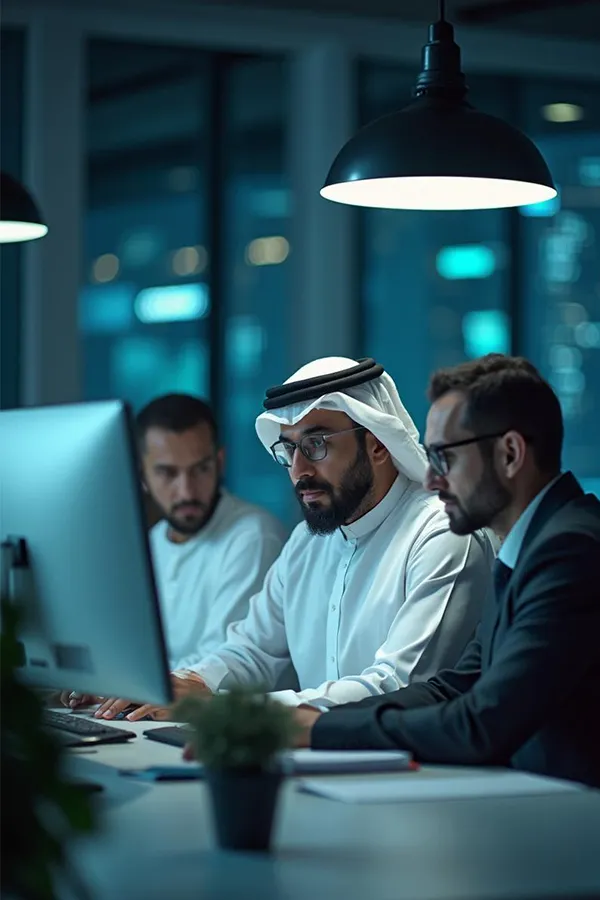 Finance and IT colleagues meeting around a conference table with laptops