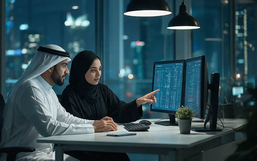 Two colleagues celebrating with a high five at a desk with a laptop