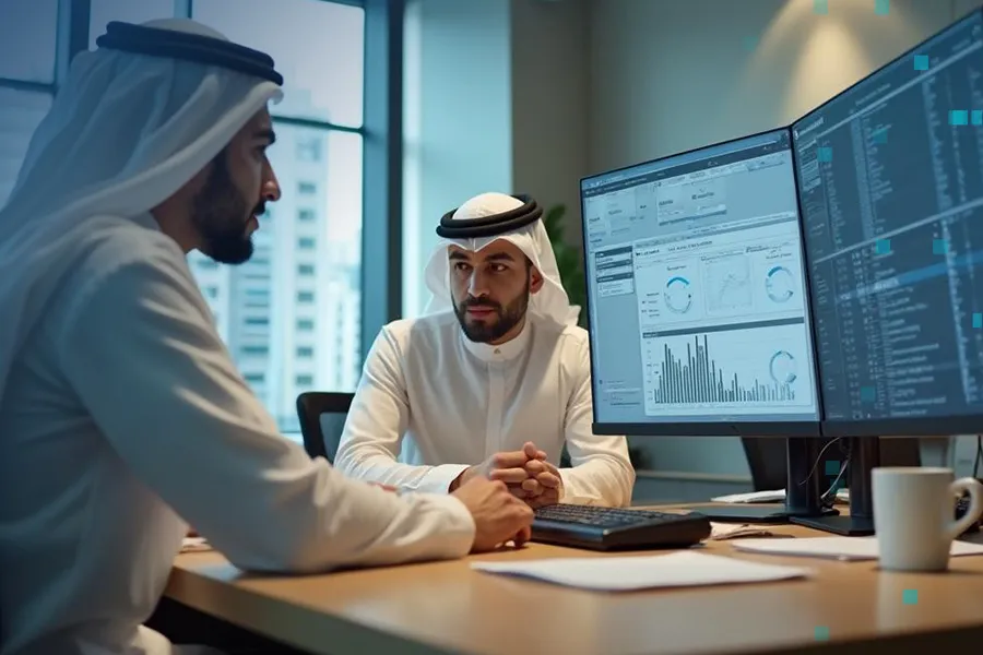 Hands working through invoices and tax forms with a calculator on a desk