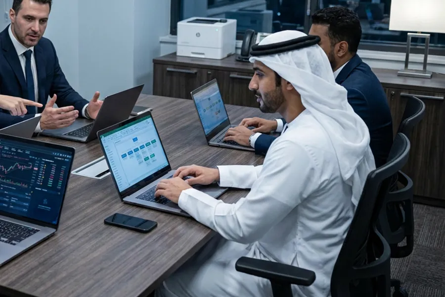 Three colleagues gathered around a laptop, helping each other